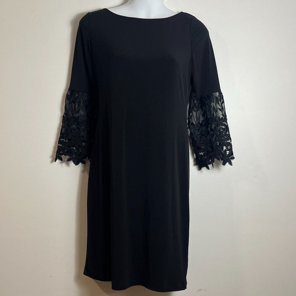 Ivanka Trump Lace Bell Sleeve Sheath Dress Size XS Black Floral Embroidery Mini